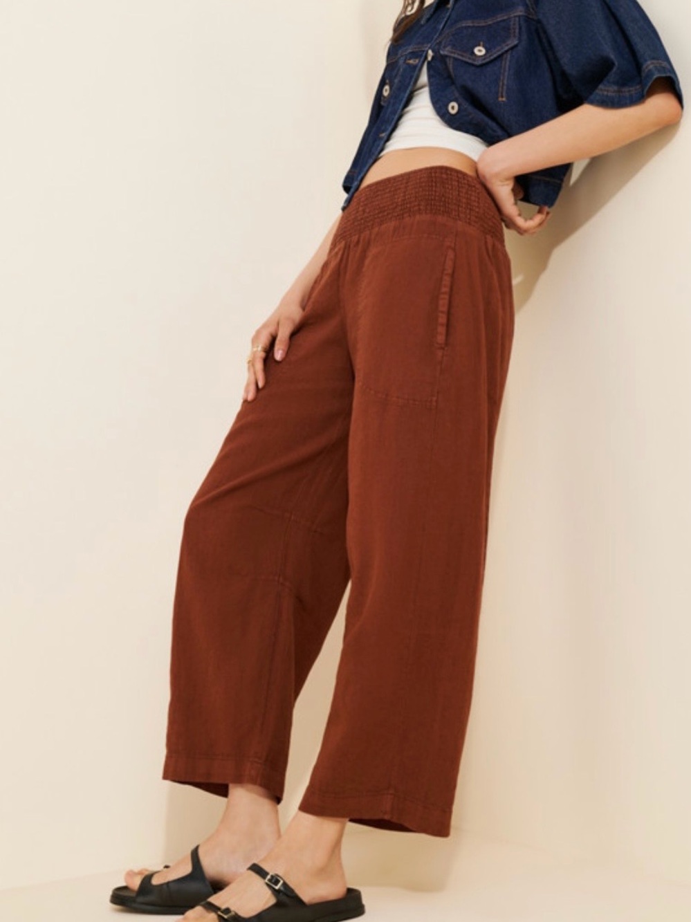 Anthropologie Pilcro Reese Smocked Linen Blend Pull-On Barrel Pants, Size XSP - Picture 11 of 12